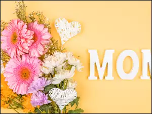 Kolorowe, Gerbery, Dzień Matki, Kwiaty, Mom, Napis, Serduszka