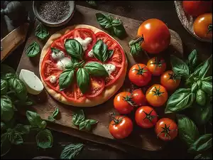 Leżąca na desce pizza obok pomidorów i bazylii