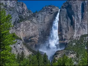 Drzewa, Wodospad, Stany Zjednoczone, Góry, Kalifornia, Park Narodowy Yosemite, Upper Yosemite Falls