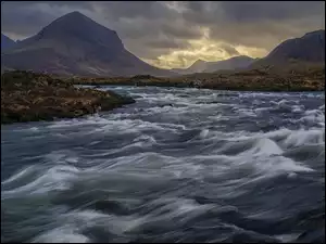 River Sligachan, Szkocja, Rzeka, Góry, Chmury