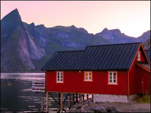 Góry, Domy, Lofoty, Norwegia, Morze