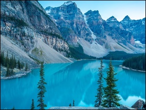Góry, Drzewa, Moraine Lake, Kanada, Jezioro, Park Narodowy Banff