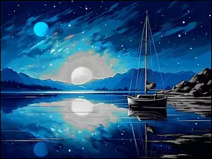 Księżyc i gwiazdy nad żaglówką na brzegu morza w grafice