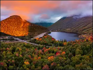 Stany Zjednoczone, Drzewa, Droga, Lasy, Jezioro, Jesień, Góry, Echo Lake, White Mountains, Stan New Hampshire