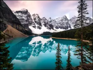 Góry, Las, Kanada, Jezioro Moraine, Odbicie, Park Narodowy Banff, Zima