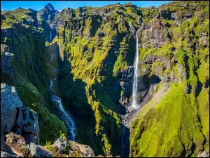 Kanion, Góry, Wodospad, Islandia, Mulagljufur, Hangandifoss