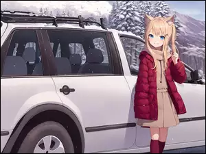 Samochód, Anime, Uszy, Dziewczyna, Zima
