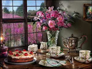 Okno, Bukiet kwiatów, Czajnik, Kompozycja, Serwis kawowy, Tort, Lampa
