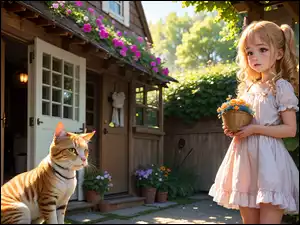 Dziewczyna i rudawy kot ma podwórku przed domem