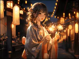 Dziewczyna w kimonie ze sztucznymi ogniami w rękach