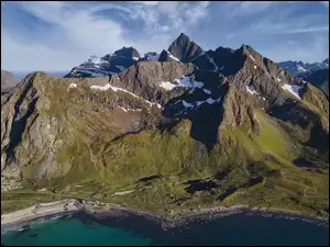 Szczyty, Stortinden, Norwegia, Góry, Lofoten, Jezioro, Śnieg