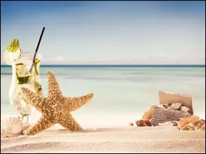 w piasku na plaży skrzynka z muszelkami i rozgwiazda oparta o lampkę z drinkiem