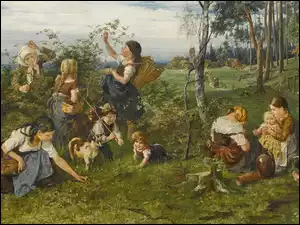 Kobiety z dziećmi zbierające jagody