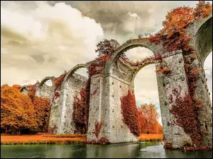 Akwedukt Maintenon, Francja, Drzewa, Zabytek, Most, Jesień