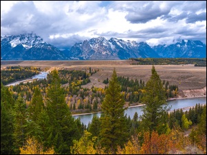 Stany Zjednoczone, Góry, Stan Wyoming, Chmury, Rzeka Snake River, Teton Range, Las, Park Narodowy Grand Teton, Drzewa
