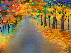 Drzewa, Jesień, Obraz, Malarstwo, Rzeka