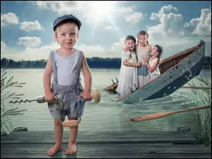Chłopiec z wiertarką na pomoście i dziewczynki w tonącej łódce