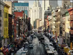 Nowy Jork, Stany Zjednoczone, Domy, Samochody, Chinatown, Ludzie