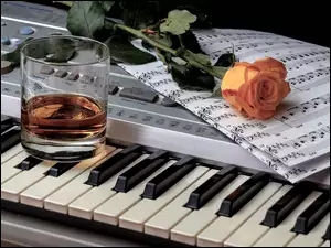 Róża położona na nutach obok szklanki whisky
