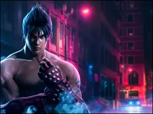 Jin Kazama na tle nocnej ulicy z gry Tekken