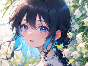 Oczy, Anime, Niebieskie, Dziewczyna, Kwiaty