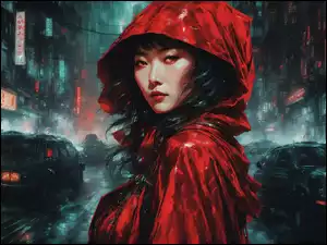 Azjatka w czerwonej pelerynie z kapturem na nocnej ulicy w grafice