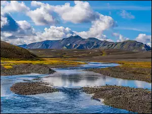 Landmannalaugar, Islandia, Kręta, Chmury, Góry, Rzeka
