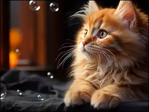Kot spoglądający na bańki mydlane