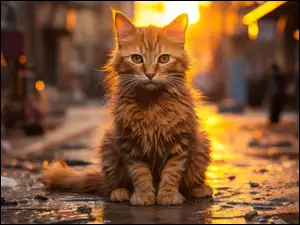 Siedzący rudy kot na ulicy