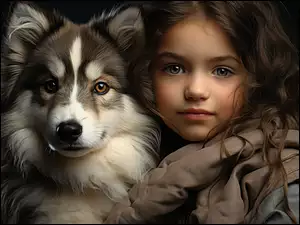 Dziewczynka w kurtce przytulona do psa
