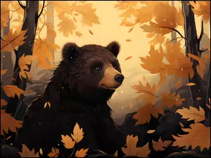 Niedźwiedź pod jesiennymi drzewami w lesie