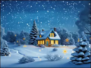 Drzewa, Grafika, Dom, Zima, Śnieg