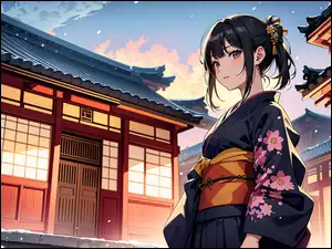 Anime, Dziewczyna, Kimono, Pagoda