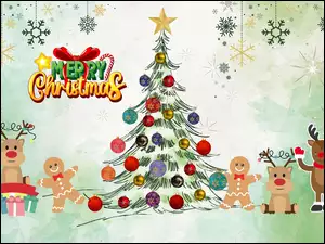 Napis, Boże Narodzenie, Bombki, Choinka, Merry Christmas