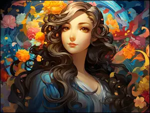 Grafika 2D, Kobieta, Kolorowe, Kwiaty