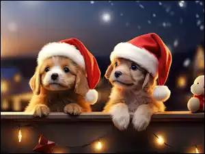 Dwa kudłate psy w czapkach Mikołaj i maskotka