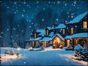 Ośnieżone choinki obok rozświetlonych domów w padającym śniegu