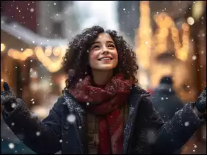 Dziewczyna, Kobieta, Uśmiech, Śnieg, Twarz, Radość