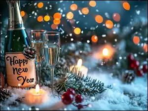 Butelka i kieliszki z szampanem w świątecznej dekoracji