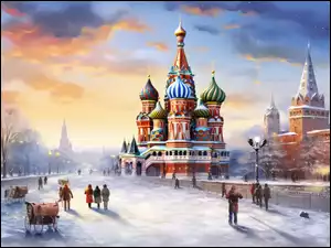 Sobór Wasyla i wieże Kremla w Moskwie zimową porą