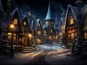 Udekorowane świątecznie domy nocą