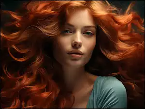 Kobieta z rozwianymi rudymi włosami