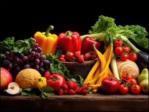 Pomidory, Owoce, Melon, Tło, Bakłażan, Warzywa, Papryka, Gruszki, Kosz, Winogrona, Truskawki, Czarne