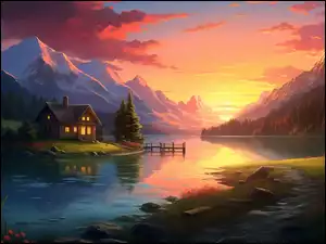 Oświetlony dom nad jeziorem w górach o zachodzie słońca