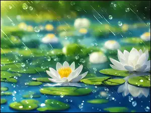 Kwiaty, 2D, Białe, Lilie wodne, Deszcz