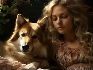 Długowłosa blondynka śpiąca obok psa