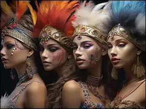 Cztery kobietyw biżuteriii kolorowymipióramina ozdobie głowy