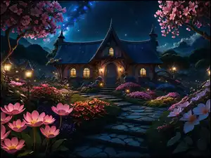Dom, Grafika, Noc, Kwiaty, Oświetlony, Drzewa