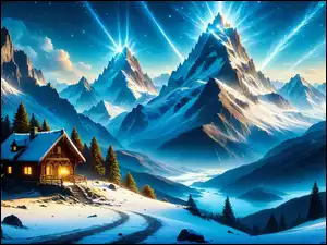 Dom, Grafika, Góry, Zima, Drzewa
