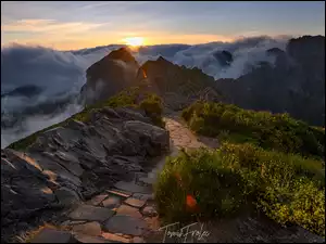 Madera, Góry, Promienie słońca, Portugalia, Mgła, Ścieżka, Skały